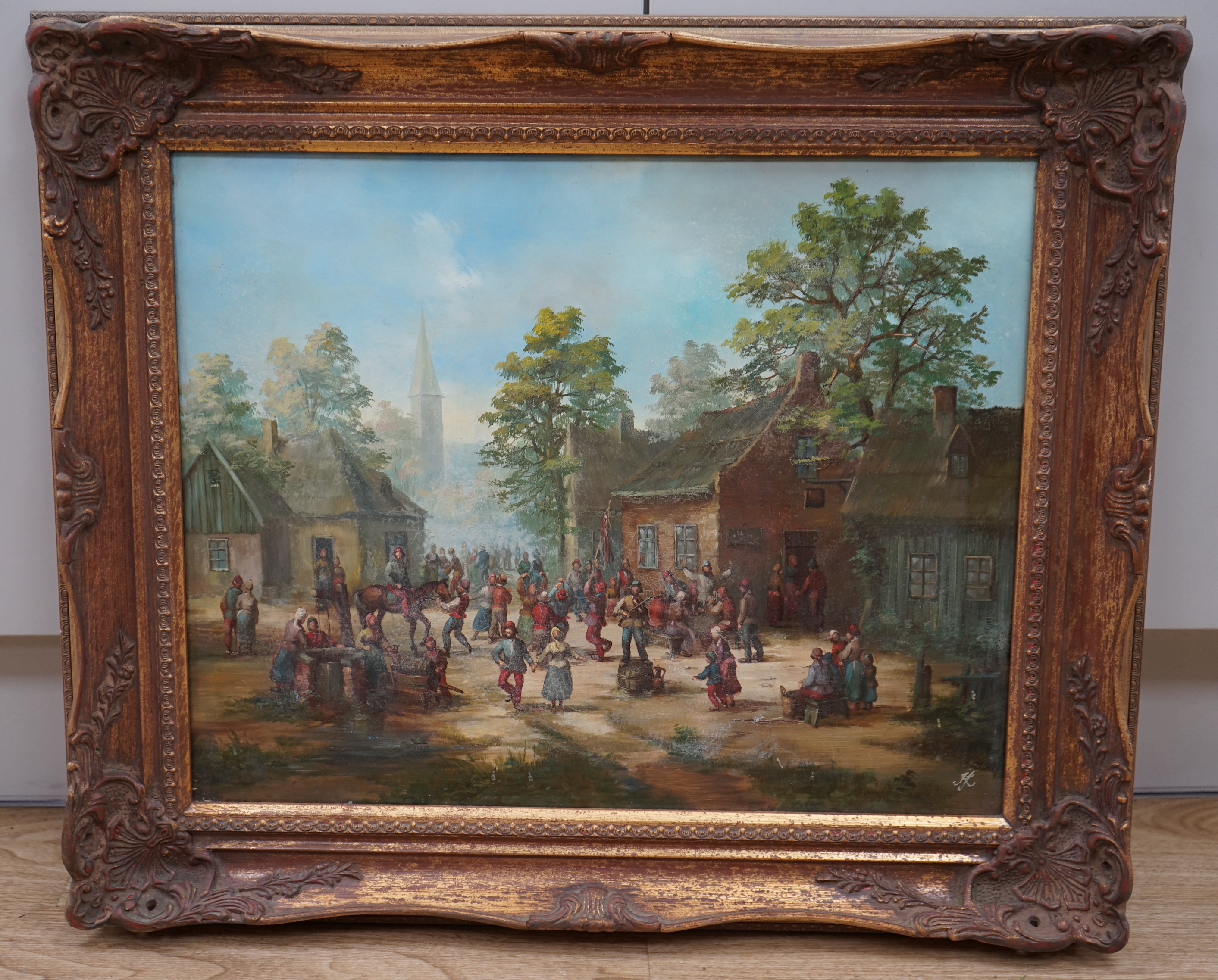 Dutch School, oil on board, Town scene with figures dancing, indistinctly monogrammed, 39 x 49cm